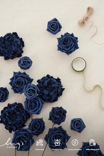 Ling's moment Artificial Flowers Fake Roses Faux Foam Peony Combo for DIY Wedding Bouquets Centerpieces Arrangements Bridal Shower Party Home Decorations, Navy Blue, 24pcs - color: Blu-navy Blue