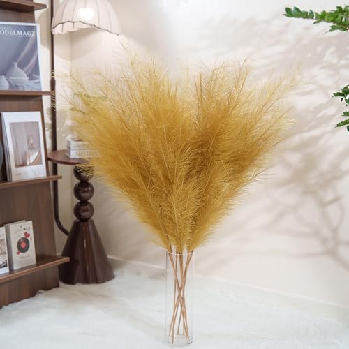 Premium Faux Gold Pampas Grass Decor – Golden Artificial Pampa 8pcs 43.3″ 110cm, Tall & Fluffy, No Assembly One-Piece 18-Branch Stems, Luxury Silk Feather Flowers for Wedding Boho Home Decorations - color: Faux Gold, size: 8pcs 43.3"(110cm)