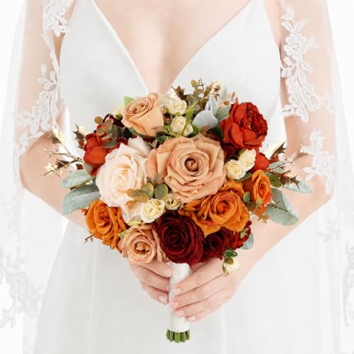 Rinlong 9" Fall Wedding Bouquet for Bride, Burnt Orange Bridal Bouquet | Silk Flowers - color: Org-gold & Terracotta, size: 8" tall, 12" wide
