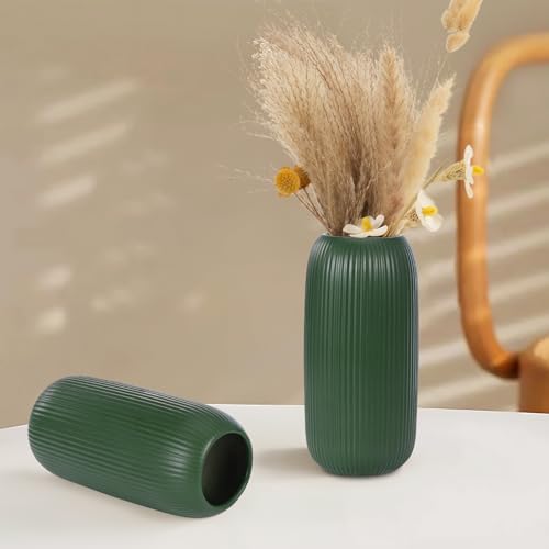 Ceramic Vase for Flowers – Modern Small Ribbed Textured Flower Vase for Home Decor, Pampas Grass, Decorative, Farmhouse, Coffee Table, Kitchen Centerpieces, Bookshelf and Home Living(Green) - color: Green