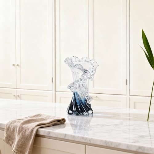 Hand Blown Blue Glass Vase, Unique Art Beautiful Ocean Glass Vase for Coastal Home Decor, Coffee Table, Living Room, Office Decor - 8" H - size: Small
