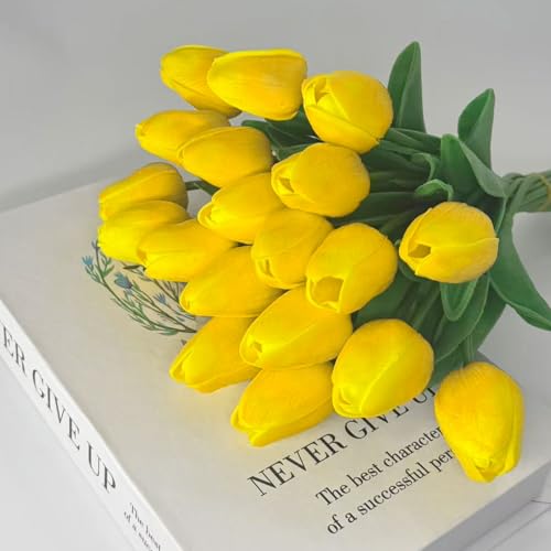 20 Pcs Tulips Artificial Flowers, 13.5'' Real Touch PU Fake Flowers Bouquet for Home Party, Spring Wedding Floral Arrangement, Valentine's, Easter and Mother's Day Decor (Yellow) - color: Yellow
