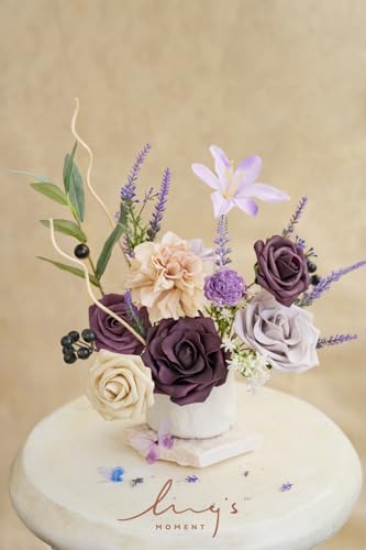 Ling's moment Fake Flowers Box, Artificial Faux Greenery Stems Silk Orchid Foam Rose for Wedding Bouquets Centerpieces Table Decorations Backyard Floral Arrangement, Lavender & Plum, Mini Combo - color: Lavender & Plum