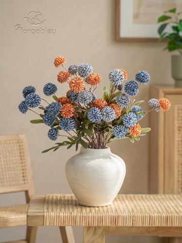 9pcs Fake Flowers Silk Mini Mums with Stems, Blue & Orange Faux Chrysanthemum Pompon Balls Artificial Flower Bulk for DIY Wedding Centerpieces, Vase Fillers, Floral Arrangement & Home Decor - color: Dusty Blue & Burnt Orange
