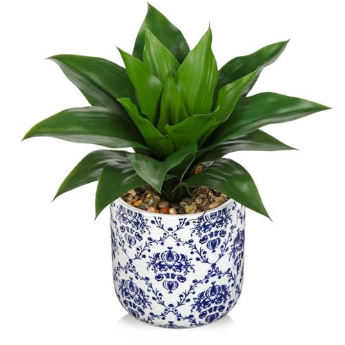 Briful Agave Plants Artificial Succulents Fake Plant in Blue Vase, 10.6'' Tall Realistic Faux Plant Indoor for Home Decor Living Room Kitchen Centerpiece Table - color: Green Agave