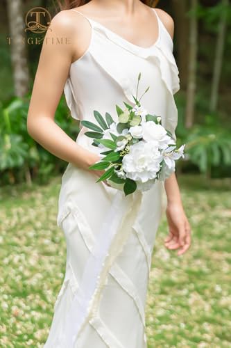 TINGE TIME 7" Bridesmaid Bouquet Set of 4, Wedding Bouquets for Bridesmaid, Perfect for Wedding Bouquets for Bride, Ideal for Bridal Shower, Rehearsal Dinner, Vintage Party (IvoryWhite) - color: Ivorywhite