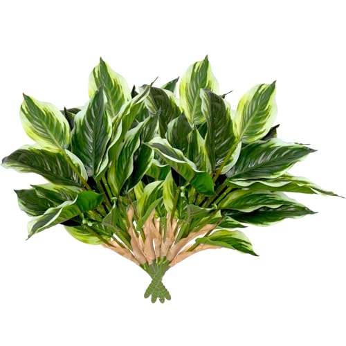 4 Pcs Artificial Hosta Plants Outdoor, 16" Fake Tropical Green Plants, UV Resistant, Realistic, Faux Green Leaf Stems for Home Offices Outside Porch Patio Balcony Garden Indoor Table Décor - color: White Edge, size: 4 Pcs