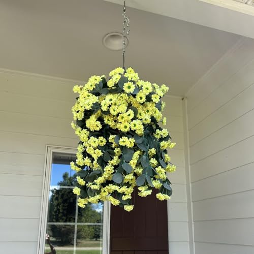 NXUGAO Artificial Flowers with Hanging Basket for Outdoors Indoors Decor, Faux Silk Chrysanthemum Plants in Baskets for Home Decoration Garden Yard Patio, 4 Bundles with 1 Basket - color: Yellow