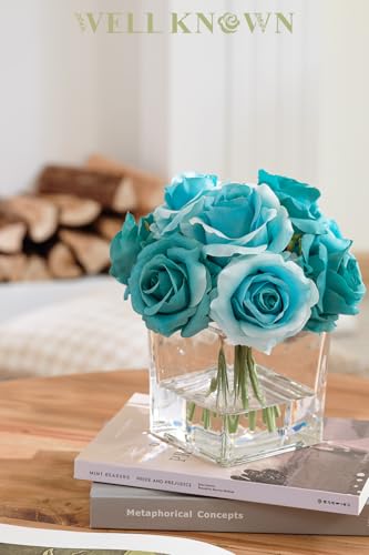WELL KNOWN Rose Artificial Flowers in Vase with Faux Water, Silk Rose Table Centerpieces for Home Coffee Table Decor, Fake Roses Flower Arrangements for Office Hotel Lavatory Decor (Teal Blue) - color: Teal Blue