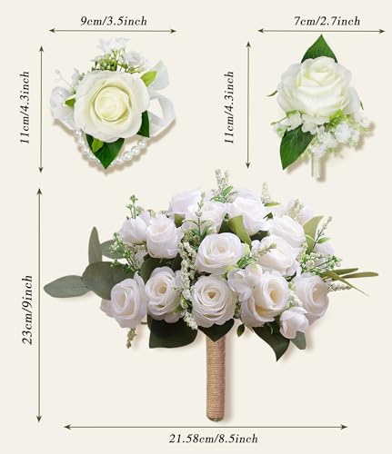 Ivory Bridesmaid Bouquets with Corsages & Boutonnieres for Wedding | 8.5In 6Pcs Artificial Roses Bridal Bouquet with 6 Corsages & 6 Boutonnieres for Wedding, Decoration, Ceremony, Anniversary - color: 6pcs Ivory Bride Bouquets With 6pcs Corsage & 6pcs Bou