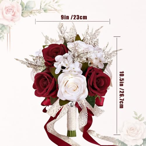 9 Inch Burgundy Wedding Bouquets for Bride Bridesmaid, Dark Red White Champagne Artificial Fake Roses Flowers Bridal Bouquet Winter Fall Boho Rustic Wedding Decoration Toss Bouquet Prom - color: Burgundy Red