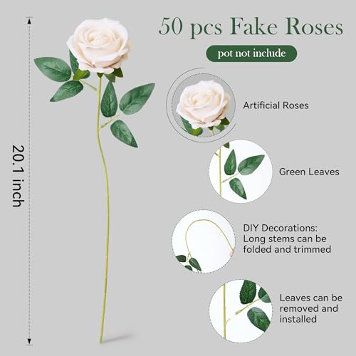 50 PCS Champagne Roses Artificial Flowers, Real Looking Fake Roses with Long Stems Silk Flowers for DIY Wedding Bouquet Party Celebration Home Bridal Baby Shower Decor Birthday Gift for Her Wife - color: Champagne