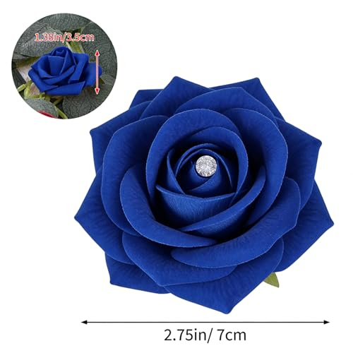 100Pcs Real Looking Royal Blue with Diamonds Artificial Rose Flower Heads, Foam Fake Roses for DIY Wedding Decorations Baby Shower Centerpieces Home Party Valentine's Day Mother's Day Decor - color: 100pcs Royal Blue With Diamonds