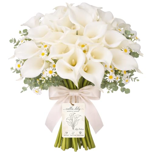 White Calla Lily Artificial Flowers 12/24/30 Pcs with Eucalyptus Leaves and Daisies, Real Touch Faux Calla Lilies Bouquet for Wedding Party Home Decor Memorial Display (White, 24PCS) - color: White, size: 24PCS