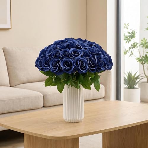 55 Pcs Navy Blue Roses Artificial Flowers Bulk, Artificial Roses Fake Flowers with Adjustable Stems, Soft Foam Roses for DIY Wedding Bouquets, Bridal Shower Centerpieces, Home Party Decor - color: Navyblue
