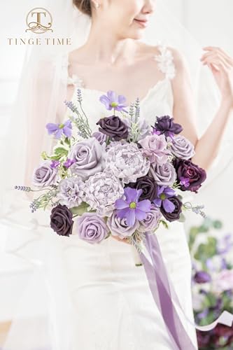 TINGE TIME 11 Inch Wedding Bouquets for Bride, Lavender&Plum Artificial Flowers Bouquet, Brides & Bridesmaids Bouquet for Wedding Anniversary Ceremony Bridal Shower Decorations - color: Lavender & Plum