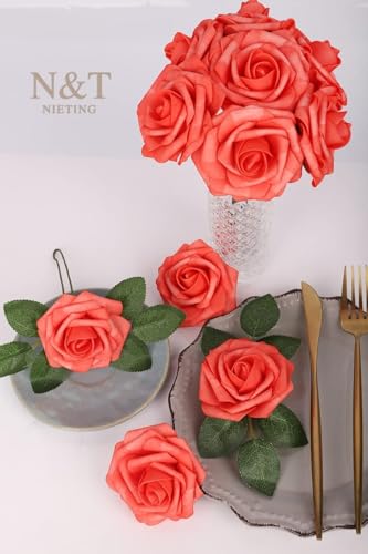 N&T NIETING Artificial Flowers 25pcs Real Touch Coral Foam Fake Roses with Stems for DIY Wedding Bouquets Bridal Shower Centerpieces Floral Arrangements Party Tables Home Decorations - color: Coral, size: 25pcs