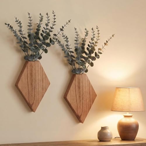 Chunful 2 Pcs Wooden Wall Planter Decor Hanging Fake Plants Greenery Flowers Holder Vase Boxes for Wall Bohemian Farmhouse Room Kitchen Office Indoor Decoration(Wooden Color,7.1 x 4.7 x 1.2 Inches) - color: Wooden Color, size: 7.1 x 4.7 x 1.2 inches
