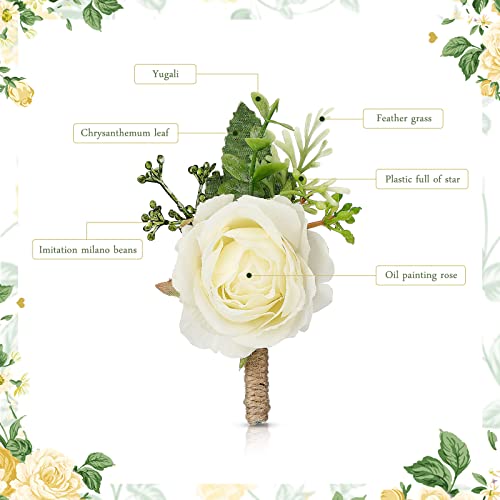 Sherr 12 Pcs Rose Boutonniere for Men Wedding Corsage Rose Groom and Groomsmen Boutonniere with Artificial Flower for Rustic Vintage Wedding Ceremony Anniversary Dinner Prom Party (White) - color: White