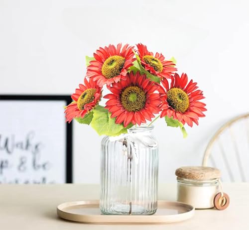 5pcs Artificial Red Sunflowers Vintage Fake Silk Sunflowers Fake Sunflowers Bouquet Large Decor for Home Hotel Office Wedding Party Garden - color: Red