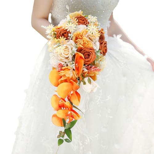 10.2 Inch Cascading Bridal Bouquet for Bride Artificial Orange Rose Flower Fall Cascade Bridal Bride Wedding Bouquet Flower Wedding Orange and Champagne - color: Orange & Champagne