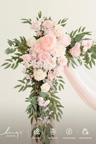 Ling's Moment Pink White Artificial Wedding Arch Flowers Kit Pack of 4, 2pcs Hanging Flower Arrangement 2pcs Chiffon Drapes Ceremony Reception Silk Rose Arbor Backdrop Floral Garden Outdoor Decoration - color: Pk-blush & Cream