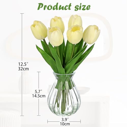 Oairse Fake Tulip Flowers Artificial in Glass Vase with Faux Water Real Touch Foam Tulip Arrangement Suitable for Dining Table Centerpiece Wedding Home Office Decoration (Cream Yellow) - color: Cream Yellow