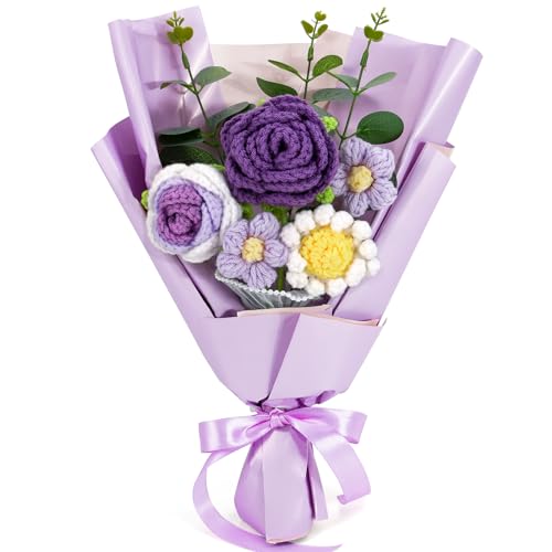 Omldggr Completed Crochet Flower Bouquet, Purple Handmane Knitted Bouquet, Rose Daisy Mix Crochet Bouquet Flowers for Mother's Day Graduation Birthday Wedding Valentine Day Gifts (with Card) - color: Purple-rose