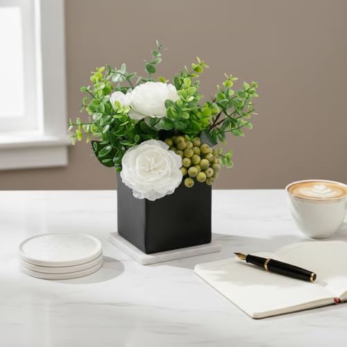 Artificial Flower Arrangement in Black Vase，Floral Centerpiece Table Decor | ﻿ White Artificial Rose Flower Arrangement Set, Faux Eucalyptus Berry Bouquet with Black Square Ceramic Pot for Table Decor - color: White+green