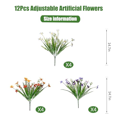 Ammyoo 12 Bundles Artificial Spring Summer Flowers Outdoor Decorations Fake Plants, Realistic Silk Floral Garden Porch Faux Flowers for Outside Planters Decoration(Orange Purple White) - color: Orange Purple White No Basket