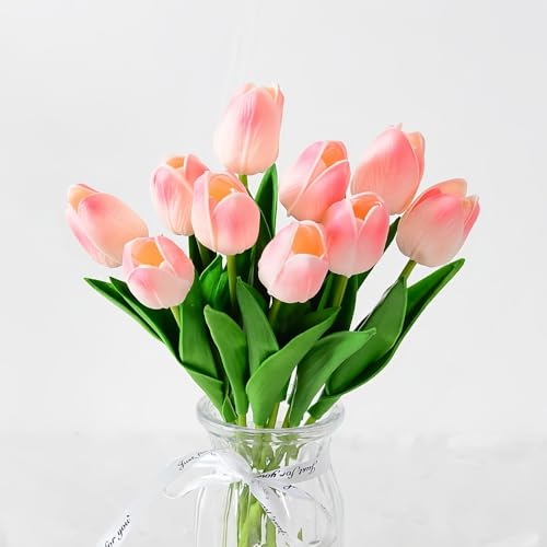 Artificial Flowers Tulips Fake Flowers Real Touch Latex Tulips Faux Flowers Bouquet for Wedding Party Arrangements Home Decor and Baby Shower Centerpieces (10, Pink) - color: Pink