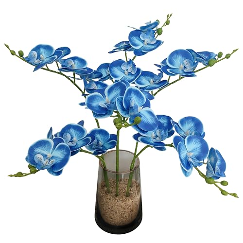 ATFL 6 Pack Blue Orchid Artificial Flowers Real Touch, 23'' Artificial Faux Realistic Latex Orchid Stem Bouquets, Fake Phalaenopsis Flower for Wedding Home Arrangement Décor (6, Blue) - color: Blue