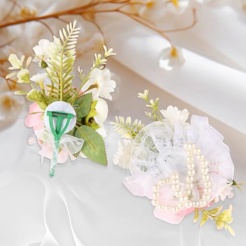 Wrist Corsage and Boutonniere Set, Artificial Rose Corsage Wristlet and Boutonniere for Wedding Prom Party (Pink 1 Boutonniere&1 Wrist Corsage) - color: Pink 1 Boutonniere&1 Wrist Corsage