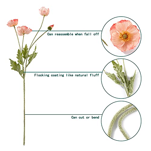 Artificial Poppy Flowers, 5 Bundles Faux Poppies with Stems for Floral Arrangements - Wedding, Home, Office, Party Table Centerpiece Decor (Pink) - color: Pink