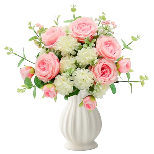 Artificial Flowers Bouquet, Pink Silk Peonies Chrysanthemum Mixed Bouquet with Eucalyptus, Artificial Roses Bouquet for Wedding Centerpieces Bridal Bouquet Mohter's Day Valentine's Day Home Decor - color: Pink