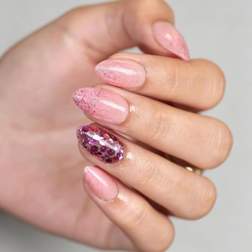 32Pcs Soft Gel Press on Nails for Women, Glitter Pink, Short Almond | Sparkling Chunky Sequins False Fake Nails Press Ons for Party Night Out, Salon Quality Reusable Glue & Stick on Nail Gift Kit - color: 3H-Glitter Pink