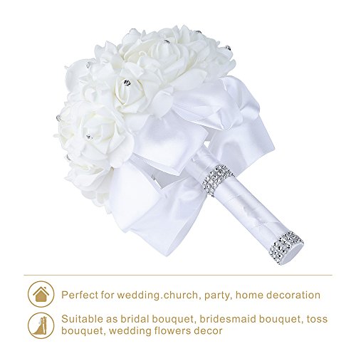 Wedding Bouquet Crystal Roses Bridesmaid Bouquet, Bridal Bouquet Artificial Flowers for Wedding, Party and Church (White) - color: White-