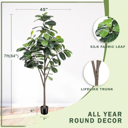 LYERSE Faux Fiddle Leaf Fig Tree 7ft - Artificial Ficus Lyrata Plant in Pot - Fake Fig Tree for Indoor Modern Home House Office - size: 7ft