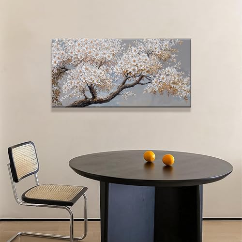 Modern Wall Art Decor White Flowers On Tree Artwork For Walls Decor Ready To Hang Pictures For Bedroom Wall Decor Living Room Office Kitchen Bathroom Canvas Prints 20x40 Inch - color: White Brown, size: 40"L x 20"W