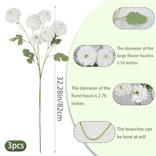 3 Pcs Artificial Flowers Spring Summer White Zinnia Silk Flowers with Long Stems Zinnia Elegans Artificial Flowers for Outdoors Floral Arrangements Table Centerpieces Wedding Party Home Decor - color: White
