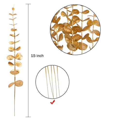 ABAJI 24PCS Eucalyptus Stems Plastic Vivid Leaf Decorations Artificial Leaves Fake Faux Greenery Plant for Home Office House Table Desk Decor Wedding or Party Vase Forever Live - color: Golden