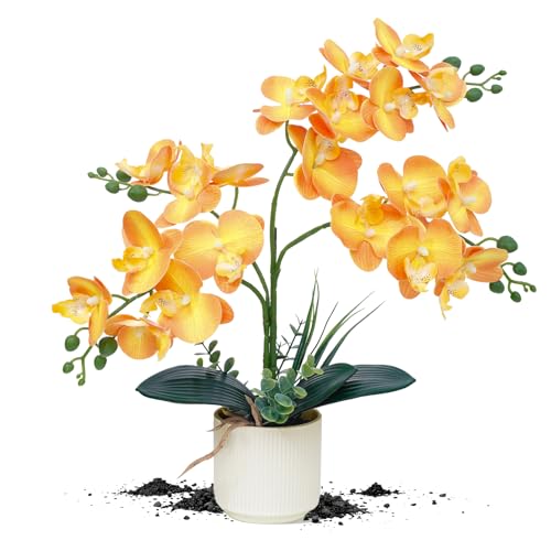 ucky Orange 15.7" 3D Lifelike Artificial Orchid Plant with 20 Heads, Realistic Faux Phalaenopsis in Ceramic Pot for Home Decor, Elegant Fake Flower Arrangement Table Centerpiece - color: Orange