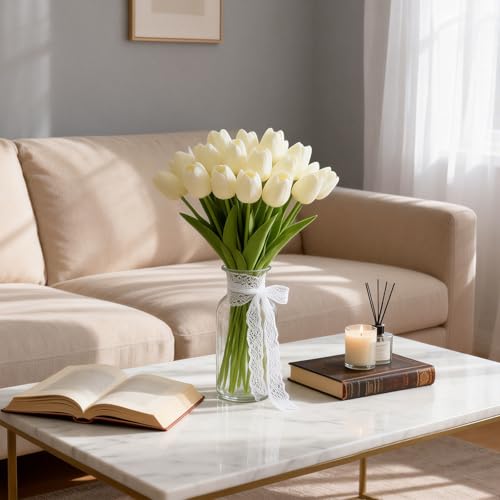 Artificial Tulips Bridal Wedding Festival Decor Bouquet Real Touch PU Flower Bouquet Pack of 20 (Off-White) - color: Off-white