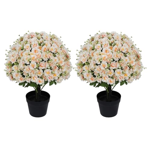 24” Artificial Flowers for Outdoors, Set of 2 UV Resistant Faux Plants in Cement Pots, Fake Floral Look Real for Front Porch, Entryway & Indoor Spring Decor - color: Artificial Flower Blush Peach