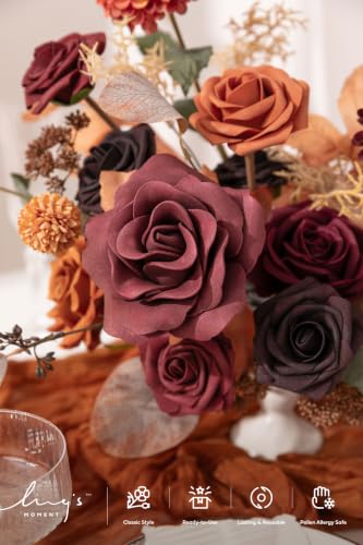 Ling's moment Artificial Wedding Flowers Combo, Fake Greenery Box for DIY Bouquets Centerpieces Decorations Foam Rose Dahlia Kit with Stems for Party Home Decor, Burgundy & Burnt Orange, Deluxe Combo - color: Burgundy & Burnt Orange, size: Deluxe
