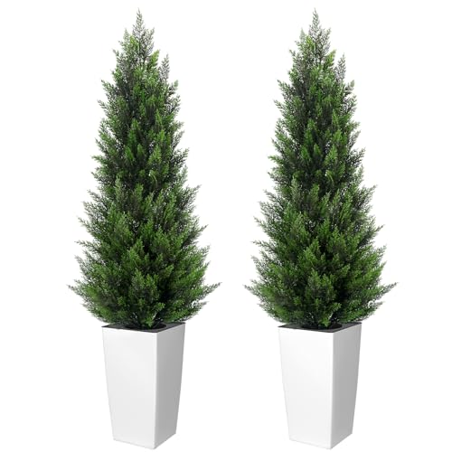 5FT Tall 2 Pack Artificial Cedar Topiary Trees with Compact Pyramidal Shape, Realistic Faux Cypress in Square White Pot with Fillable Water Bag, Outdoor Evergreen for Front Porch Garden Home Decor - color: White-pyramid Topiary, size: 5ft-2pack