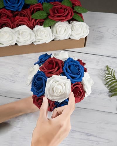 DuHouse 25Pcs Artificial Roses Flowers Fake Rose with Stems Real Touch Foam Flowers for DIY Wedding Bouquet Party Centerpiece Floral Arrangement Party Home Decor(Blue White Red) - color: Blue White Red, size: 25pcs