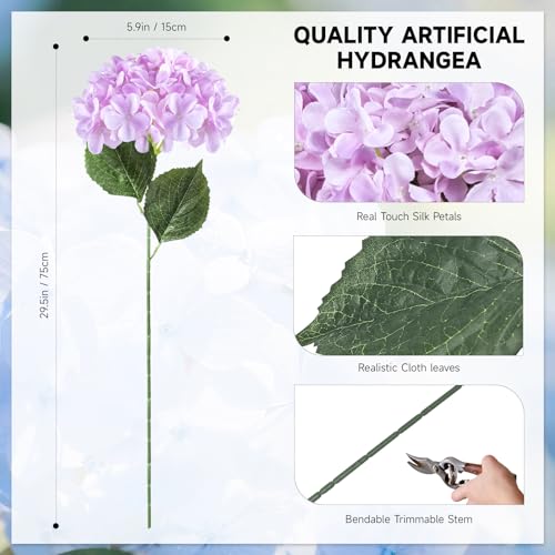 6 PCS Artificial Hydrangea Flowers, Faux Silk Hydrangea with Long Stems, Home Wedding Decor, Table Centerpieces, Party Decorations(Light Purple) - color: Light Purple