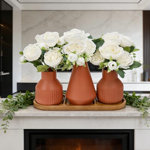 Flower Table Centerpiece - Dining Table Centerpiece Decor Set of 3 Fake Peonies in Ceramic Vases & Wood Tray Modern for Kitchen Island Living Room Coffee Table Home Decor (White) - color: White