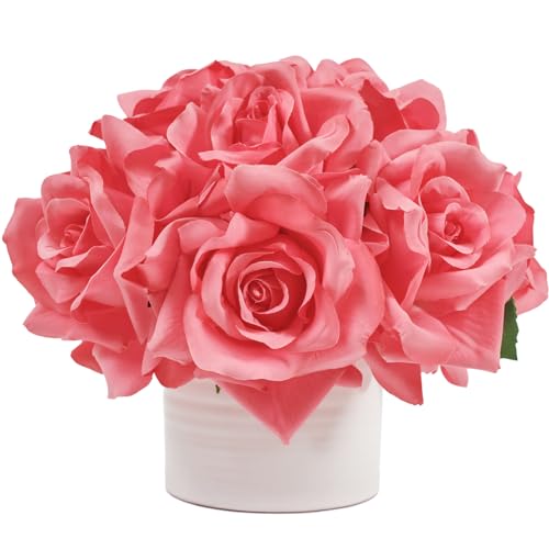WELL KNOWN Artificial Flowers in Vase, Silk Rose Arrangement Mini Potted Fake Flowers with White Ceramic Vase for Home Wedding Vanity Coffee Table Centerpiece Bathroom Anniversary Decor (Hot Pink) - color: Rose, Hot Pink